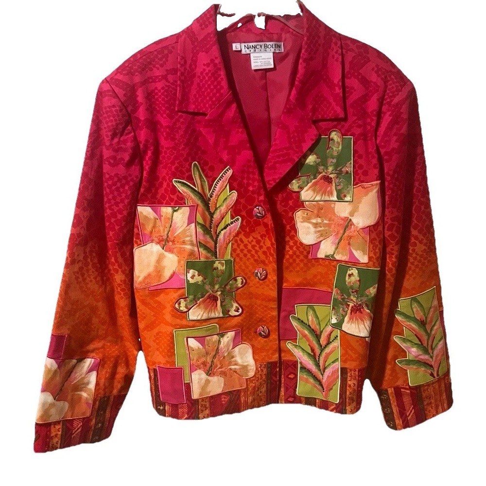 Nancy Bolen Blazer Womens L Pink Orange Good Tropical Floral Animal Applique